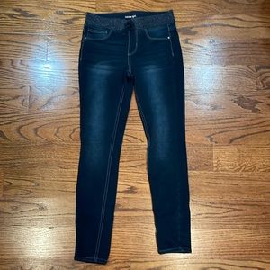 Hippie girl dark wash skinny pull-on jeans with sparkly waistband